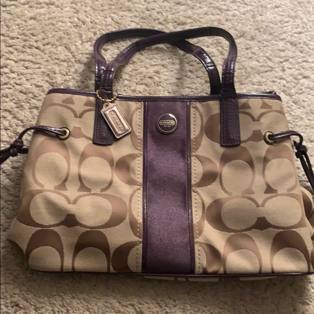 Coach handbag. Tan and eggplant purple